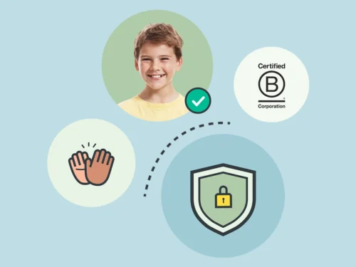 High five illustration, BCorp logo, security shield and boy smiling