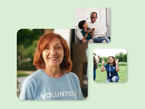Lady wearing volunteer t-shirt, lady working with Children, father and son using devices together