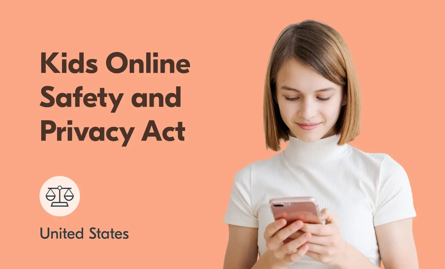 Image of a young girl looking at her mobile phone. The accompanying text reads "Kids Online Safety and Privacy Act - United States".