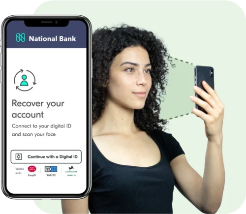 Woman using digital ID and a face scan to recover her online bank account