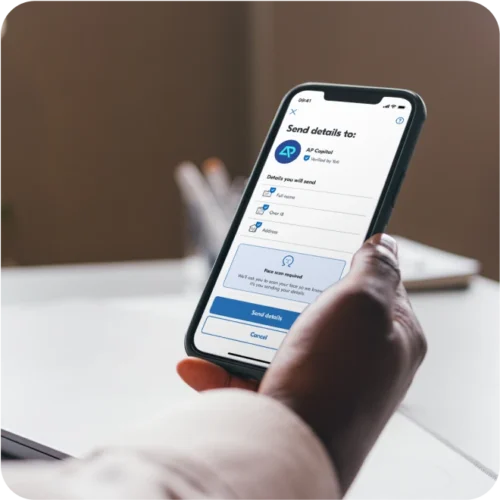 Person using digital ID to send details quickly and securely to "AP Capital"