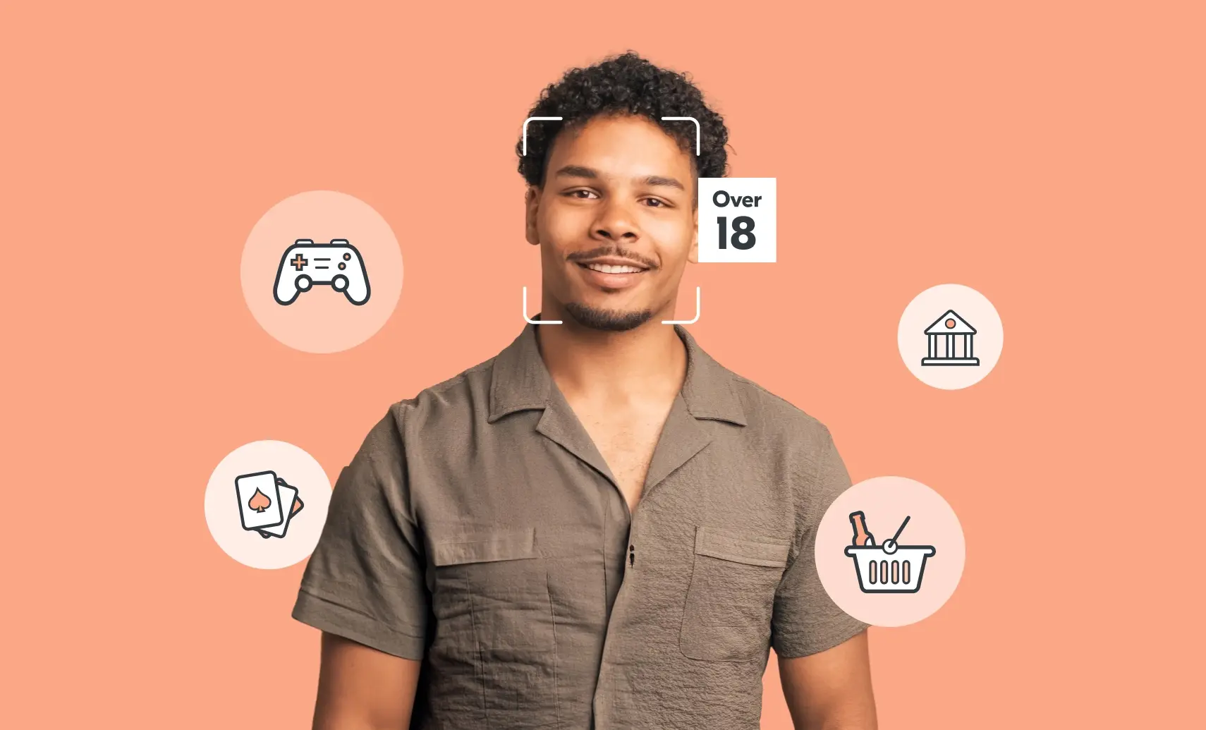 An image of man with an 'over 18' facial age estimation credential. Around him are icons representing the gambling, gaming, financial services and retail industries.