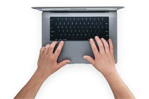 Hands using a laptop on an empty background