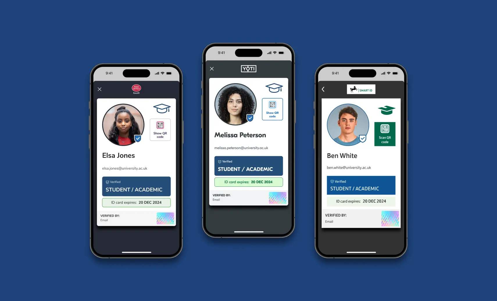 An image of three smartphones, each displaying what the new Student ID feature looks like in the Post Office EasyID app, the Yoti app and the Lloyds Bank Smart ID app.