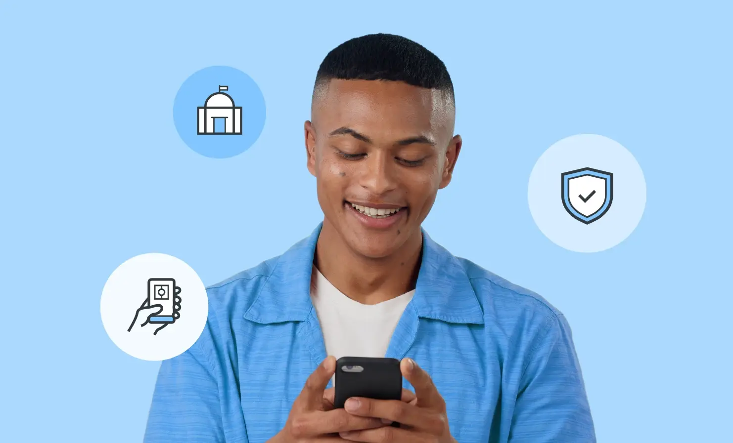 Image of a young man looking down at his phone. Surrounding him are three illustrations: a shield representing security, a building representing financial services and a smartphone representing how a Digital ID app can be used for identity verification.