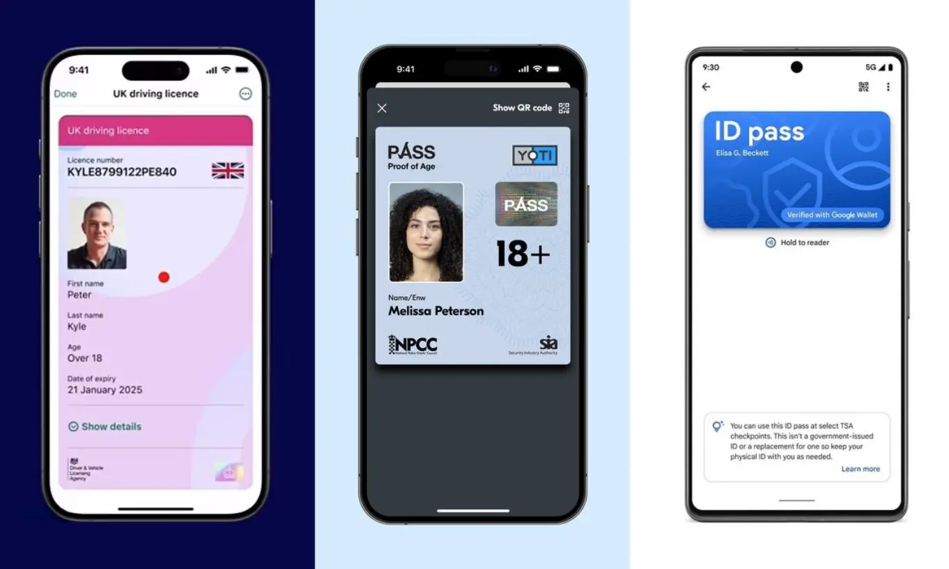 An image showing three forms of digital ID: the UK government-issued digital ID, a Yoti Digital ID and a digital ID in a Google wallet.