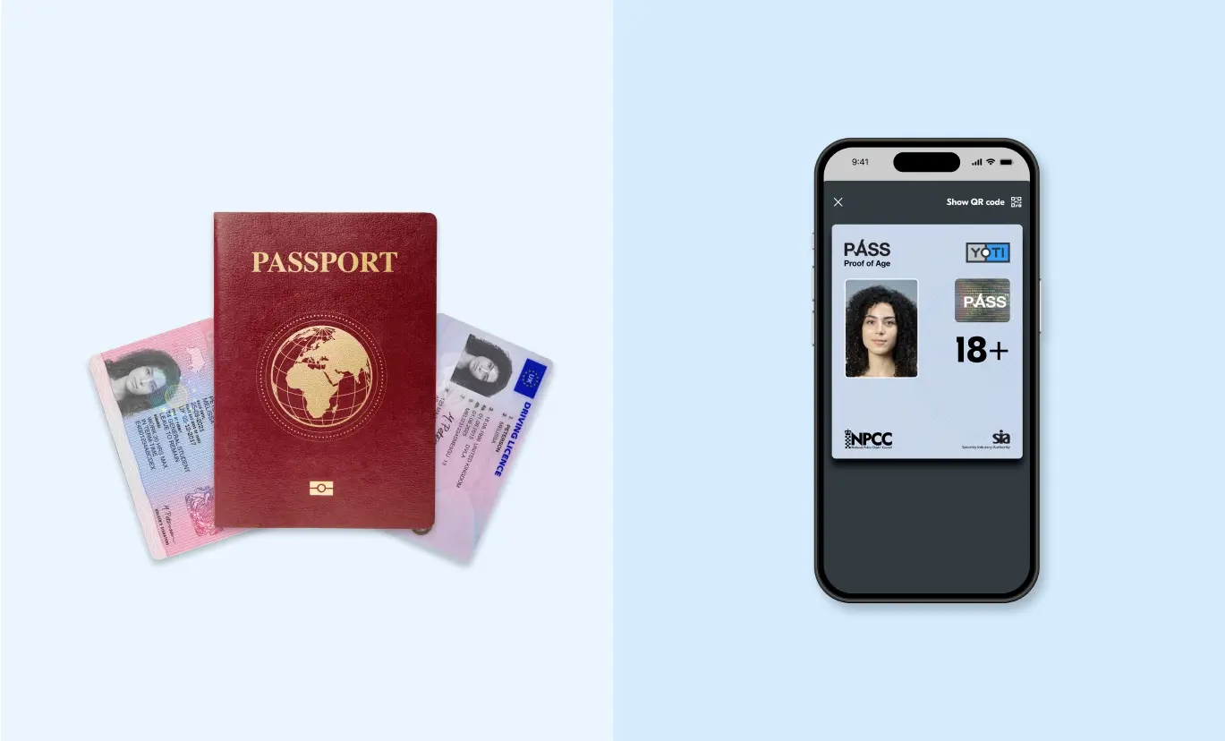 An image showing physical forms of ID (passports and driving licences) on the left-hand side, whilst on the right-hand side is a smartphone displaying a Yoti Digital ID.