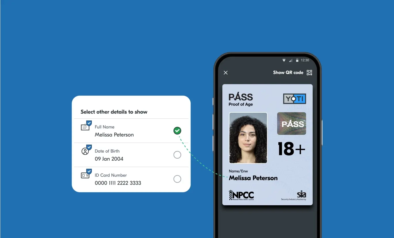 An image showing physical forms of ID (passports and driving licences) on the left-hand side, whilst on the right-hand side is a smartphone displaying a Yoti Digital ID.