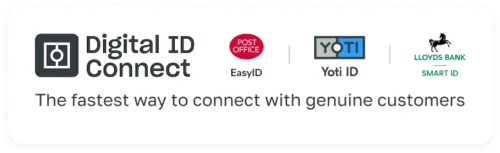 Digital ID Connect logo followed by Post Office EasyID, Yoti ID and Lloyds Bank Smart ID logos. The fastest way to connect with genuine customers.