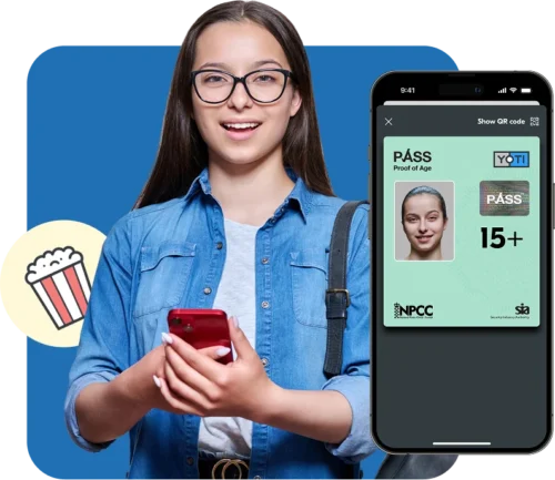 Girl showing her proof of age in the cinema (15+)