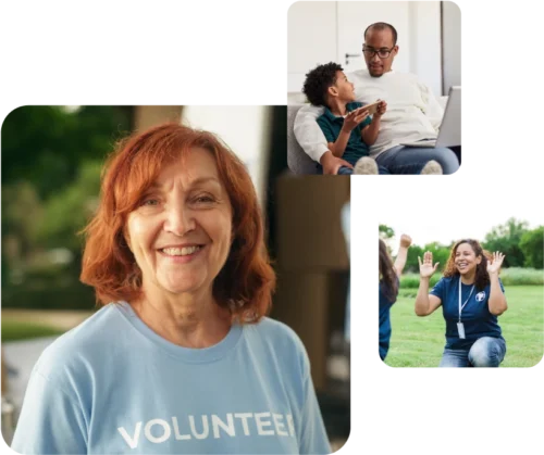 Lady wearing volunteer t-shirt, lady working with Children, father and son using devices together