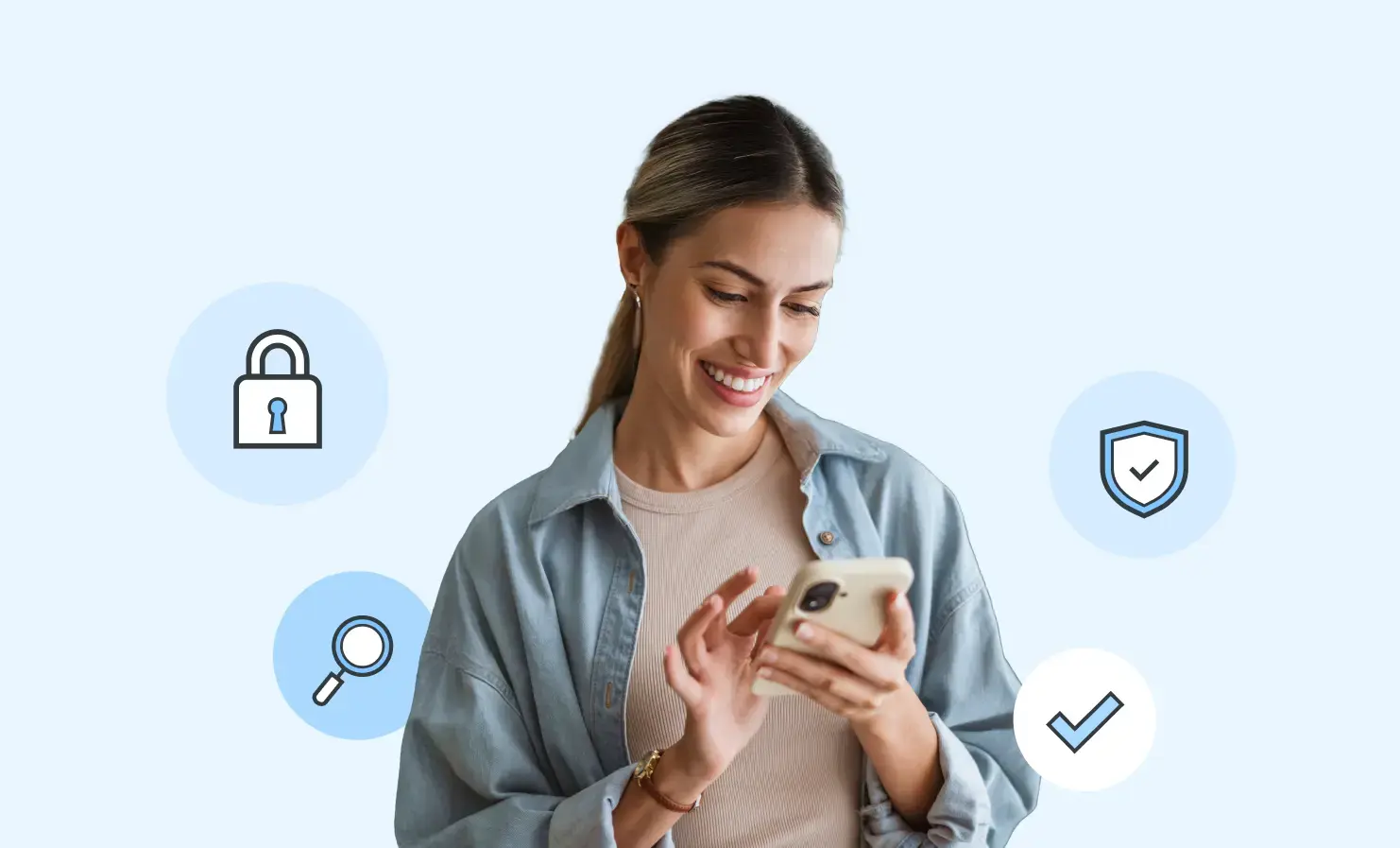 Digital IDs are already here and working An image of a woman using her mobile phone. Surrounding her are icons such as a padlock, magnifying glass, shield and a checkmark, illustrating the various features of DIATF-certified digital IDs.