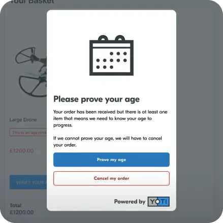Screen shot of an online prompt for the ecommerce user to prove their age, powered by Yoti